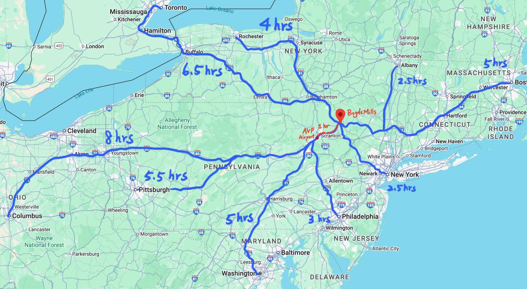 Map of Boyds Mills with driving distances to East Coast cities